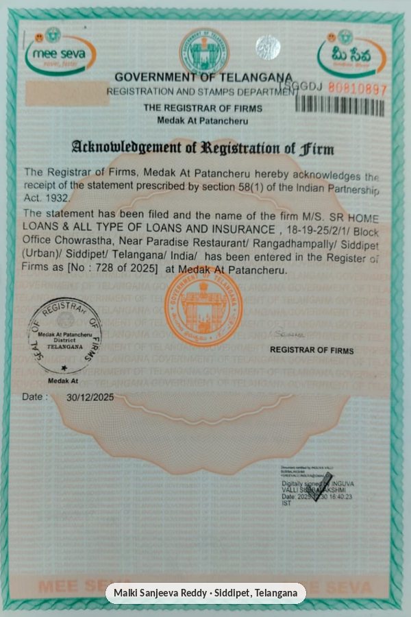 Acknowledgement of Registration of Firm for SR Home Loans and All Type of Loans and Insurance, Government of Telangana