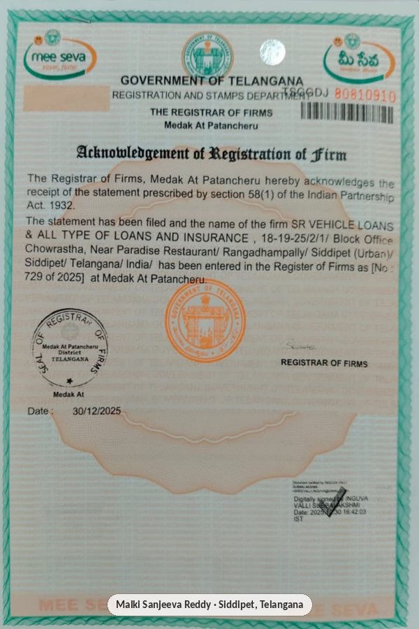 Acknowledgement of Registration of Firm for SR Vehicle Loans and All Type of Loans and Insurance, Government of Telangana
