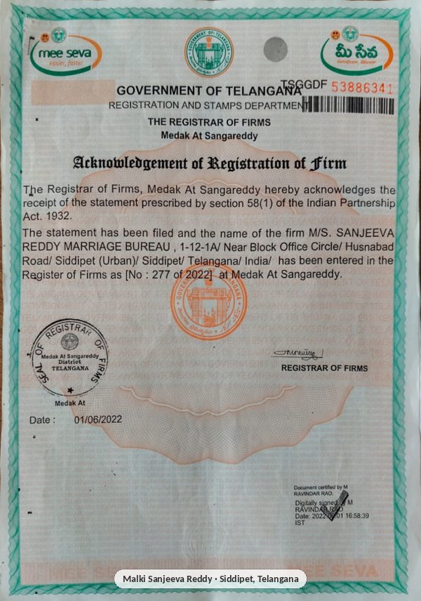 Acknowledgement of Registration of Firm for Sanjeeva Reddy Marriage Bureau, Government of Telangana